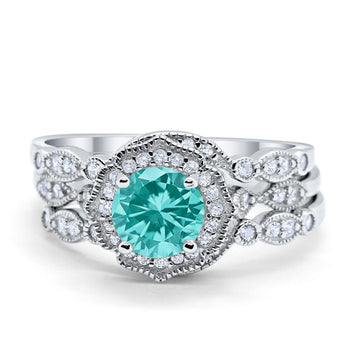 Halo Three Piece Wedding Art Deco Simulated Paraiba Tourmaline CZ Ring 925 Sterling Silver